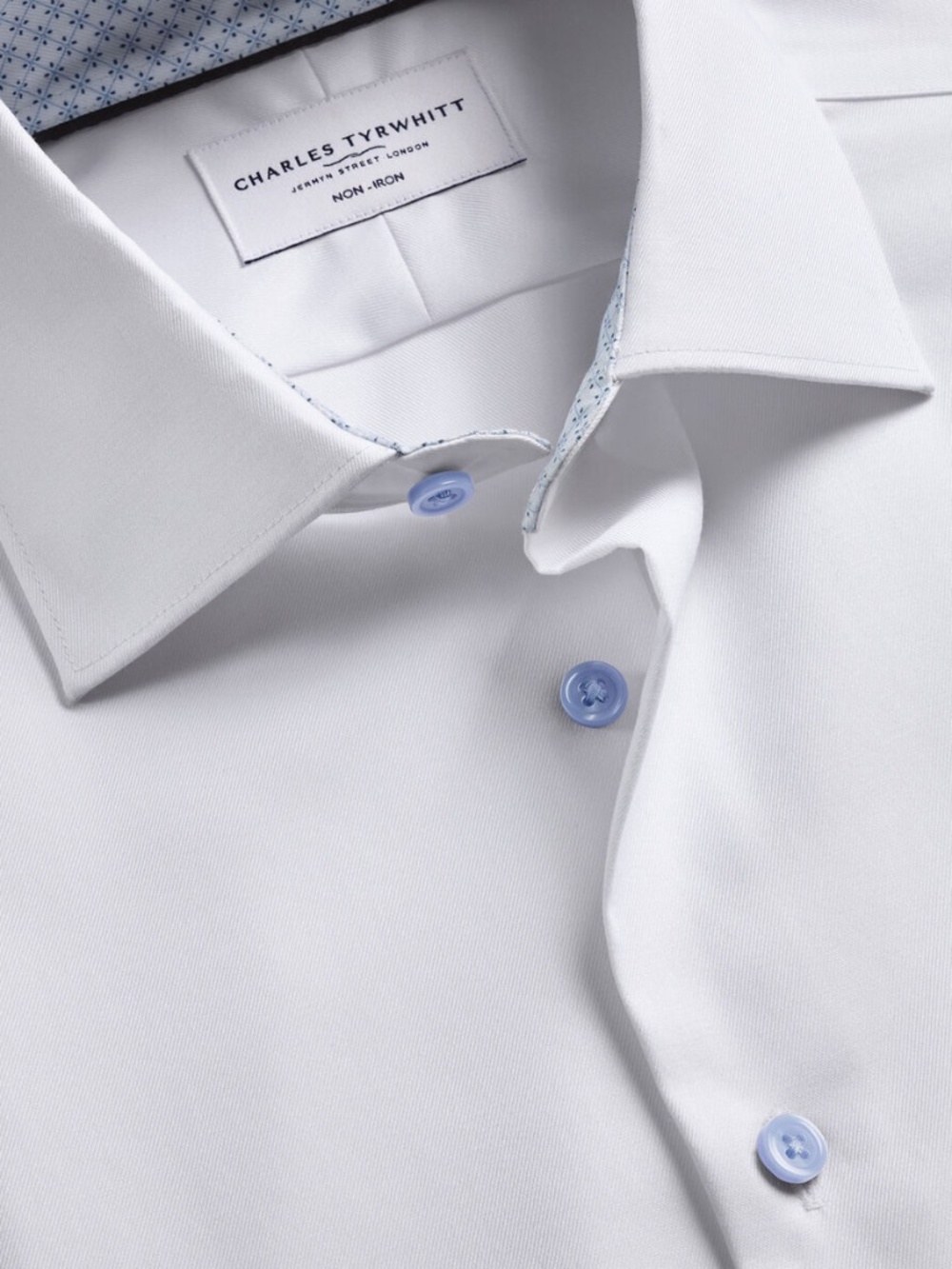 Non-Iron Stretch Printed Trim Shirt - White & Light Blue